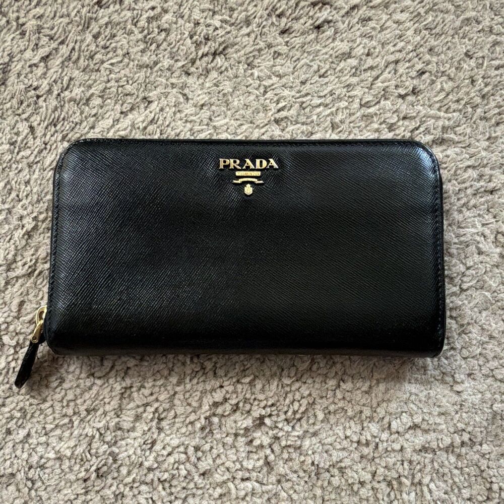 PRADA Black Vitello Grain Leather Zip Around Long Wallet Gold Logo Continental